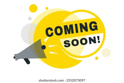 Coming soon, vector banner speech bubble icon and megaphone sign design template. Announcement design element on white background.