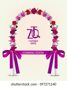 Coming soon vector illustaration with frame of flowers, columns and long ribbon