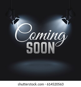 Coming soon vector mystery retail concept with spotlights on stage. Promotion banner coming soon, illustration of illuminated text coming soon svg