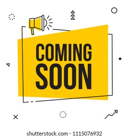 Coming soon, vector sign illustration isolated on white background, new
yellow label design for sale. Business  advertising thin line web icons with loudspeaker, promotion announce tag, sticker.