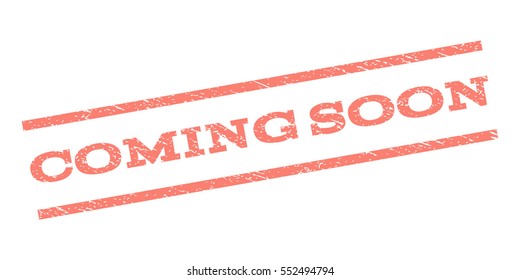 Coming Soon watermark stamp. Text caption between parallel lines with grunge design style. Rubber seal stamp with dirty texture. Vector salmon color ink imprint on a white background.