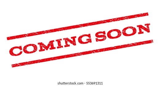 Coming Soon watermark stamp. Text caption between parallel lines with grunge design style. Rubber seal stamp with dirty texture. Vector red color ink imprint on a white background.