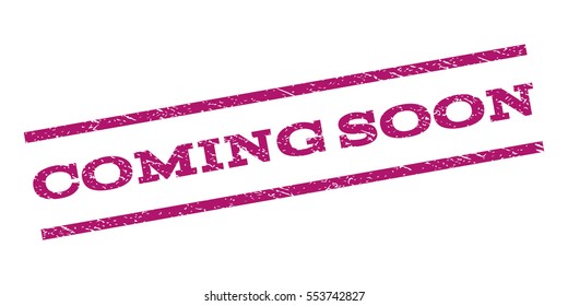 Coming Soon watermark stamp. Text tag between parallel lines with grunge design style. Rubber seal stamp with unclean texture. Vector purple color ink imprint on a white background.