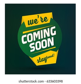 Coming soon. We are coming soon post for facebook and instagram post. Stay tuned. Coming soon on blue background with green and yellow label for social media cover .Creative coming soon label