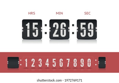 Coming soon web page design template of flip time counter with reflection on white background. Scoreboard number font. Vector modern ui design old countdown timer with numbers.