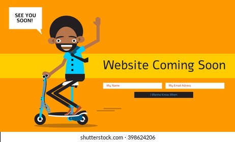 Coming soon web page of a funny african American guy riding a scooter while waving his hand