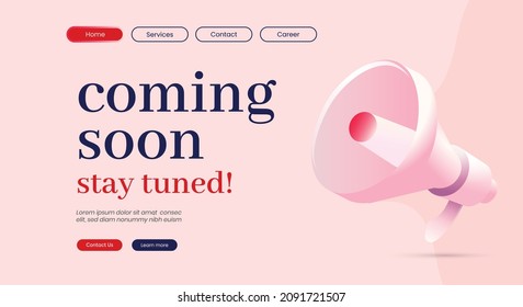 Coming soon website. Coming soon stay tuned web page template. coming soon announcement web page Ui or UX in bright color with mega phone. Website Under Construction. Stay Tuned. Website announcement.