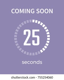 Coming soon white timer and time, 25 seconds, countdown and headline placed in centerpiece on vector illustration isolated on purple background