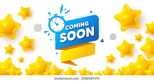 Coming soon winner banner with 3d stars. Golden stars banner. Coming soon paper banner. Timer announcement tag. New open time icon. Review rate background. Vector