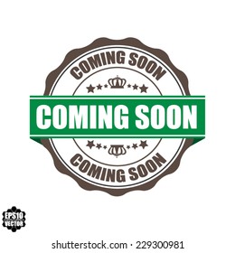 Coming Soon Word On Label And Stamp Vintage Style With Crown, Stars And Green Ribbon, Special Promotion For Customer - Vector illustration.