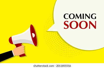 Coming soon yellow banner with hand holding megaphone. Vector illustration