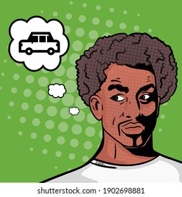 Un tipo de caricatura negra cómica de estilo pop soñando con un auto. Ilustración vectorial dibujada a mano en estilo retro. 
