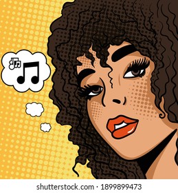 Comix cartoon black lady in pop art style dreaming about Music. Hand-drawn vector illustration in retro style.