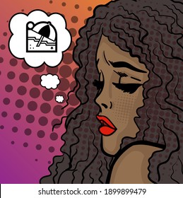 Comix cartoon black lady in pop art style dreaming about holidays. Hand-drawn vector illustration in retro style.