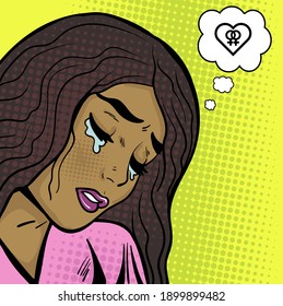 Comix cartoon black lady in pop art style dreaming about girls love. Hand-drawn vector illustration in retro style.