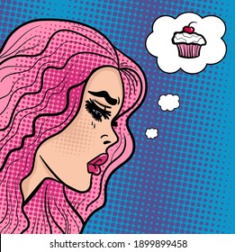 Comix cartoon lady with a pink hair in pop art style dreaming about sweets. Hand-drawn vector illustration in retro style.