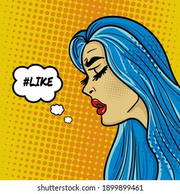 Comix cartoon lady in pop art style dreaming about likes in social media. Hand-drawn vector illustration in retro style.