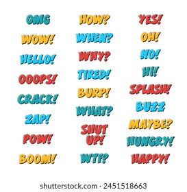 Comix Exclamations and Sounds Burp, Splash, Zap, Pow, Boom, Crack, Oops, Omg, Wow, Shut Up, Yes, No, Maybe. Comic Question Words Set When, How, What, WTF, Why.