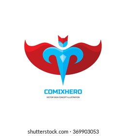 Comix Hero - Vector Logo Template Concept In Flat Style. People Insignia. Hero Sign. Super Symbol. Flying Man Icon. Human Character Illustration. Design Element.