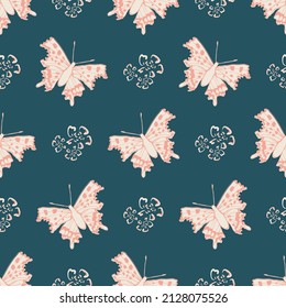 Comma butterfly vector seamless pattern background. Pink blue backdrop with flying butterflies and flowers. Open woodland insect with scalloped wings and distinct dot markings. Nature all over print