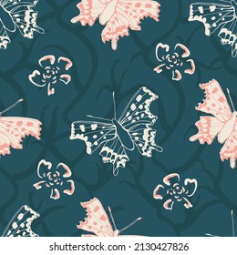 Comma butterfly vector seamless pattern background. Pink blue backdrop with flying butterflies and flowers. Open woodland insect with scalloped wings and distinct dot markings. Nature all over print