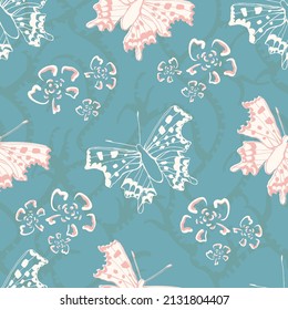 Comma butterfly vector seamless pattern background. Pink blue backdrop with flying butterflies and flowers. Open woodland insect with scalloped wings and distinct dot markings. Nature all over print