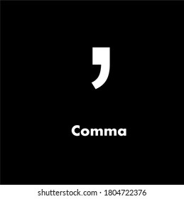 Símbolo de coma. Marcas de puntuación, texto, tipografía, iconos vectoriales. Fondo negro