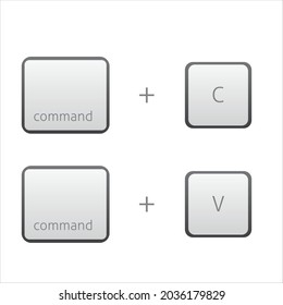 comando c, comando v botones de teclado, copiar y pegar accesos directos de teclas, iconos de computadora en blanco y gris, ilustración vectorial. ctrl c, teclado ctrl v 