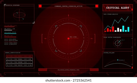 A command center display shows a critical alert with data status, graphical charts, and coordinates. The screen has a dark theme and several readouts indicating real-time information.