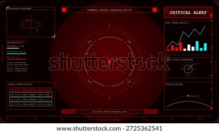 A command center display shows a critical alert with data status, graphical charts, and coordinates. The screen has a dark theme and several readouts indicating real-time information.