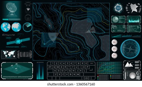 Command Center Screen in HUD style. Topographic Map, Contour. Futuristic Interface Elements and Earth Landscape Scanning. Concept of a Conditional Geography Scheme in HUD Style. Vector Elements Set