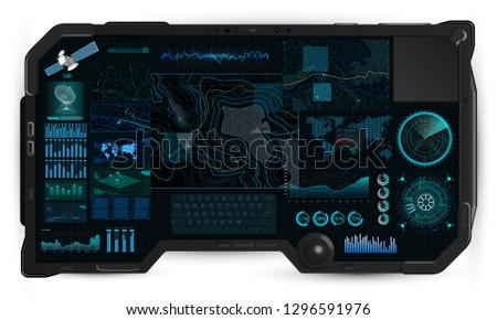 Command Center Screen in tablet HUD. Topographic Map, Contour. Futuristic Interface Elements and Earth Landscape Scanning. Concept of a Conditional Geography Scheme in HUD Style. Vector elements set