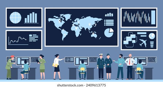 Befehlskontrollzentrum. Öffentlicher digitaler Dienst, Militärdienst. Riesenmonitore mit Graphen und Menschen in Uniform, jüngste Vektorgrafik