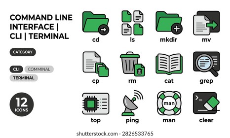 Command Line Interface CLI Terminal Icons Set With Folders Files And Tools