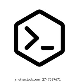 A command line prompt symbol within a hexagonal outline, representing programming, coding, or computing interfaces.