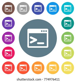 Command prompt flat white icons on round color backgrounds. 17 background color variations are included.