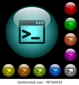 Command prompt icons in color illuminated spherical glass buttons on black background. Can be used to black or dark templates