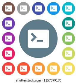 Command terminal flat white icons on round color backgrounds. 17 background color variations are included.