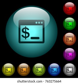command terminal icons in color illuminated spherical glass buttons on black background. Can be used to black or dark templates