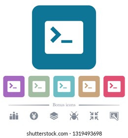 Command terminal white flat icons on color rounded square backgrounds. 6 bonus icons included