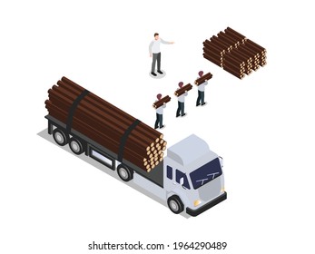 Command vector concept. Male boss commanding group of his employees to unloading tree trunk on the truck