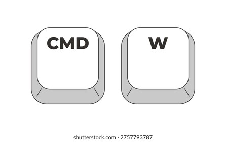 Command W grayscale keyboard hotkey. Close active window, document. Quit current tab. Application control. Minimal shortcut keys. Monochrome combination buttons for productivity. Vector illustration