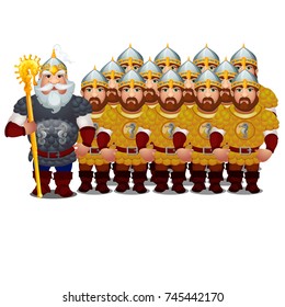 Commander with army of epic heroes of Russian folklore and folk tales isolated on white background. Vector cartoon close-up illustration.