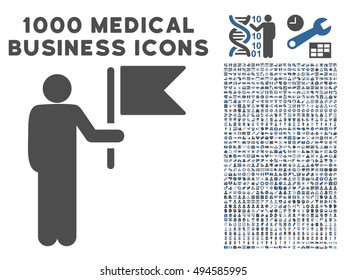 Commander With Flag icon with 1000 medical business cobalt and gray vector pictograms. Design style is flat bicolor symbols, white background.