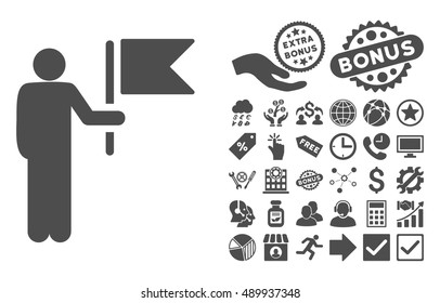 Commander With Flag icon with bonus clip art. Vector illustration style is flat iconic symbols, gray color, white background.