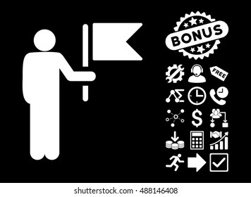 Commander With Flag icon with bonus design elements. Vector illustration style is flat iconic symbols, white color, black background.