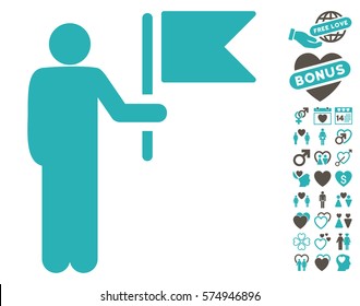 Commander With Flag icon with bonus love pictures. Vector illustration style is flat iconic grey and cyan symbols on white background.