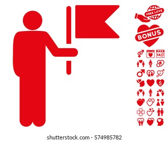Commander With Flag pictograph with bonus dating graphic icons. Vector illustration style is flat iconic red symbols on white background.
