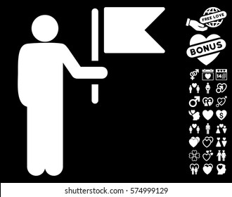 Commander With Flag pictograph with bonus lovely design elements. Vector illustration style is flat iconic white symbols on black background.