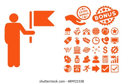 Commander With Flag pictograph with bonus symbols. Vector illustration style is flat iconic symbols, orange color, white background.